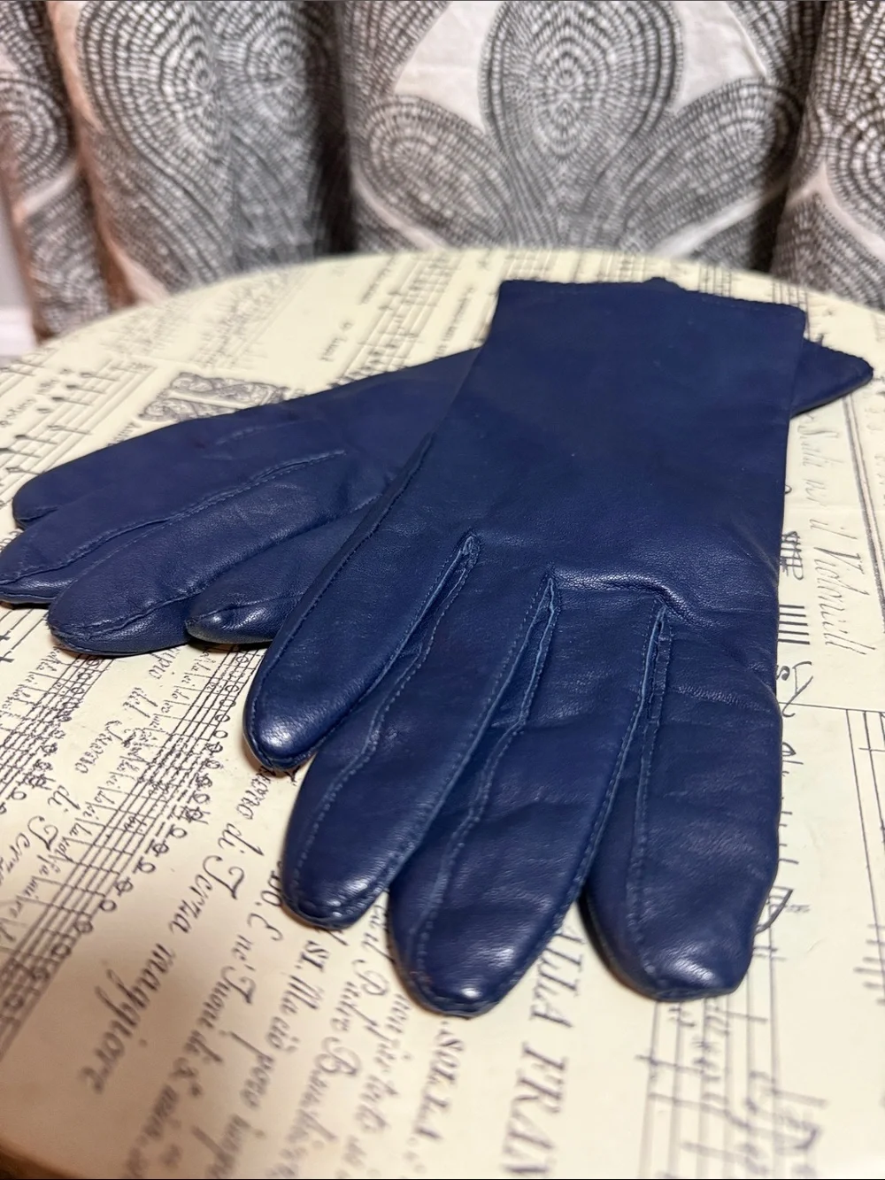 Vintage Navy Blue Leather Gloves Knit Lining Classic Winter Warm